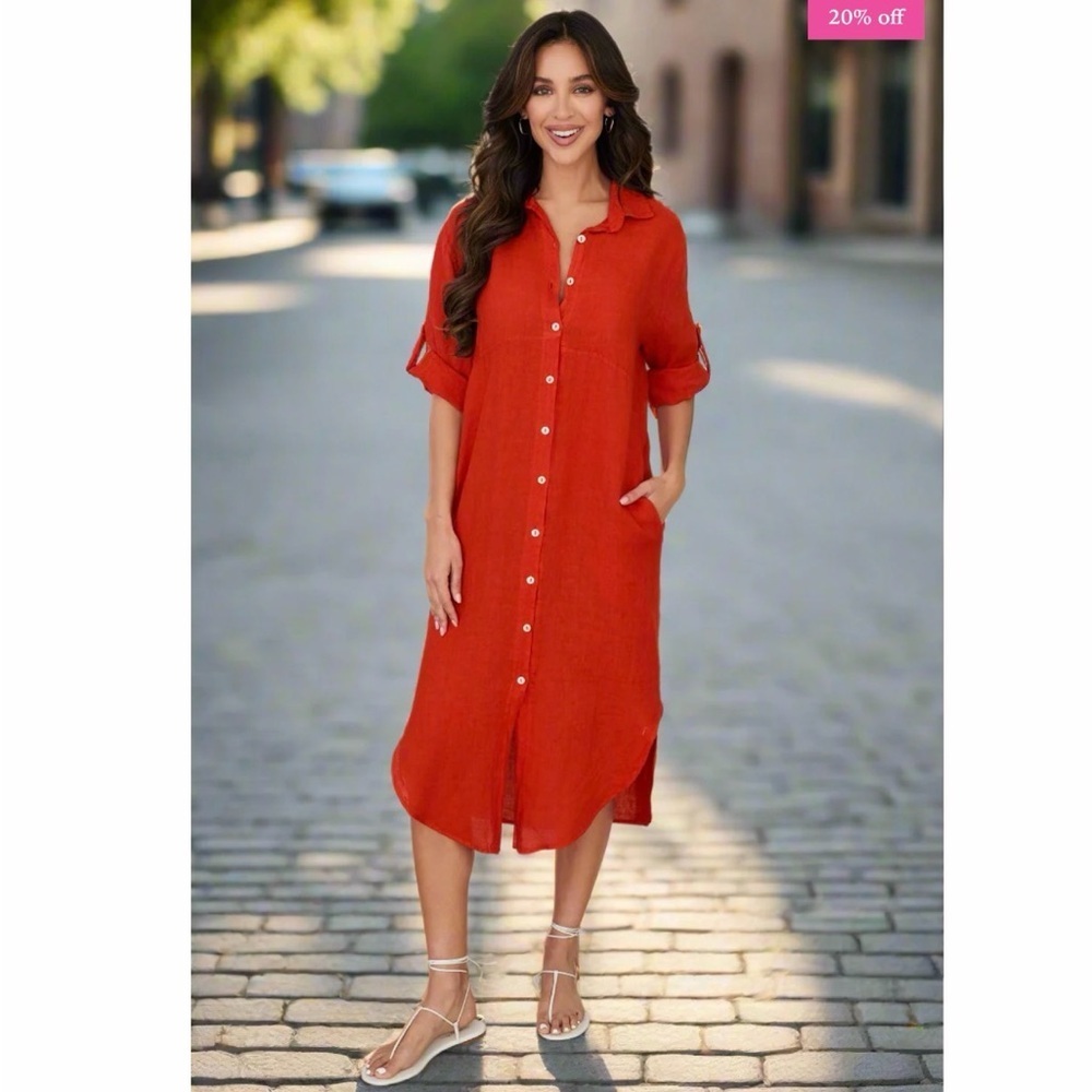 Milio Milano Red Flame Linen Button Down Midi Shirt Dress, Small